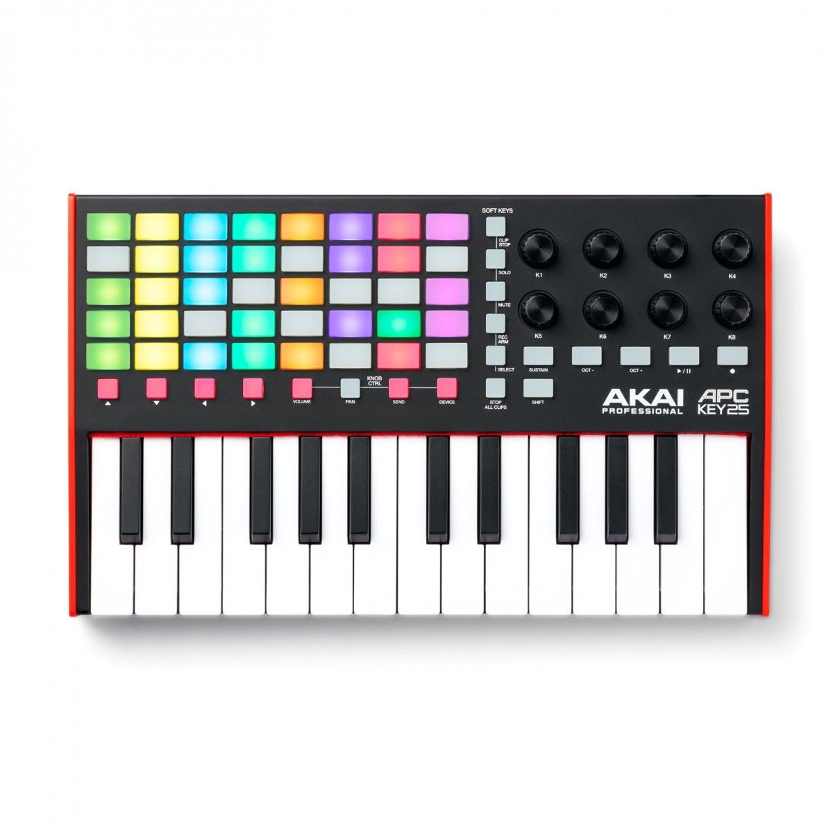 APC KEY 25 MK2 USB контроллер с клавиатурой, матрица сетки 5x8 с 40 пэдами с RGB-подсветкой, 25-клавишная динамическая клавиатура Gen 2, 8 назначаемых бесконечных поворотных ручек 360, 4 стрелки для перемещения по матрице клипов, специальные кнопки 