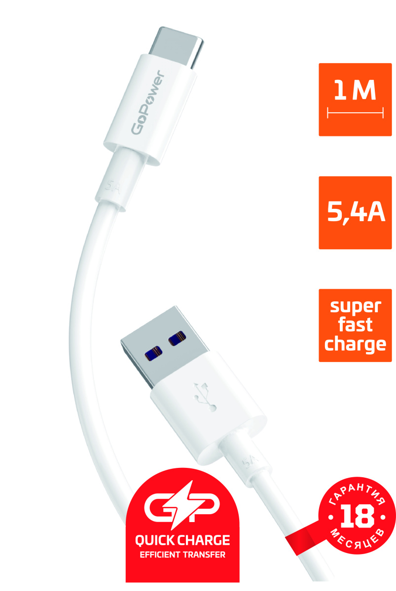 GoPower 00-00022778 Кабель GP12T USB (m)-Type-C (m) 1.0м 5.4A, белый