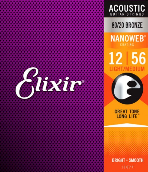 11077 NANOWEB Комплект струн для акустической гитары, Light-Medium, бронза 80/20, 12-56, Elixir
