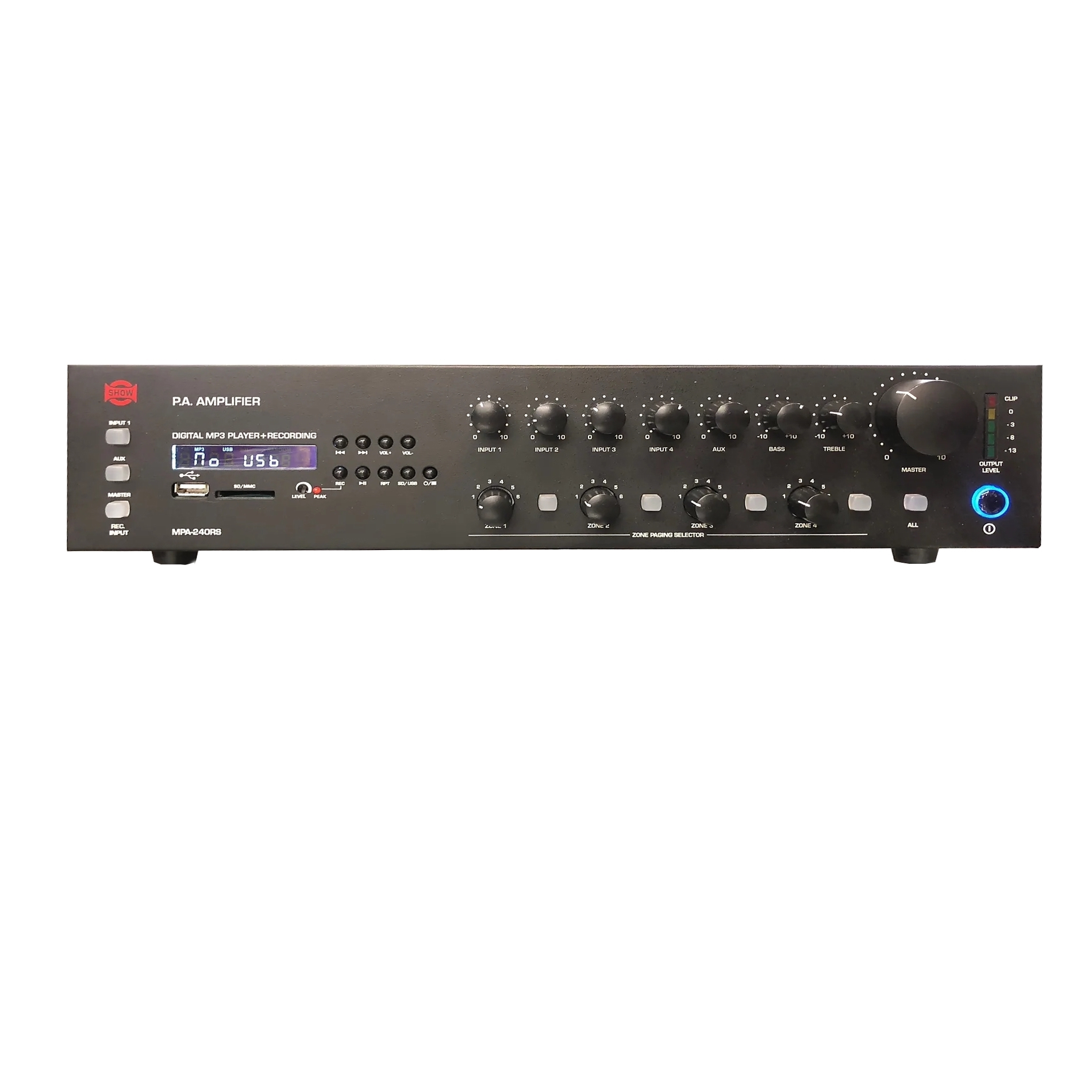 SHOW MPA-240RS - трансляц. система 240 Вт,DC24 В,25/70/100 В, MP3-плеер,4micline+aux, 4 зоны