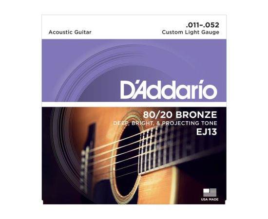 D'Addario EJ13 80/20 BRONZE CUSTOM LIGHT Струны для акустической гитары, бронза, 11-52